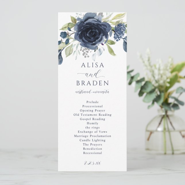 Navy Blau Silber Blumen Botanische Grünpflanzen Ho Programm (Stehend Vorderseite)