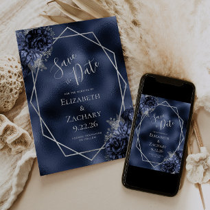 Navy Blau Silber Blumen Geo Folie Save the Date