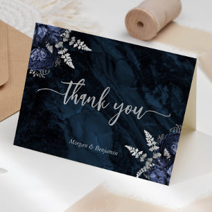 Navy Blau Silber Blumen Hochzeitsschriftzug Dankeskarte