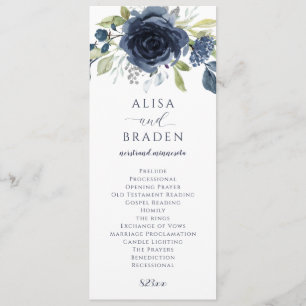 Navy Blau Silber Blumen Wasserfarbe Hochzeit Programm