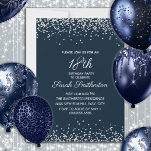 Navy Blau Silber Diamant Glitter 18. Geburtstag Einladung