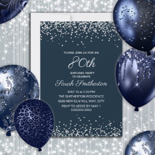 Navy Blau Silber Diamant Glitter 80. Geburtstag Einladung