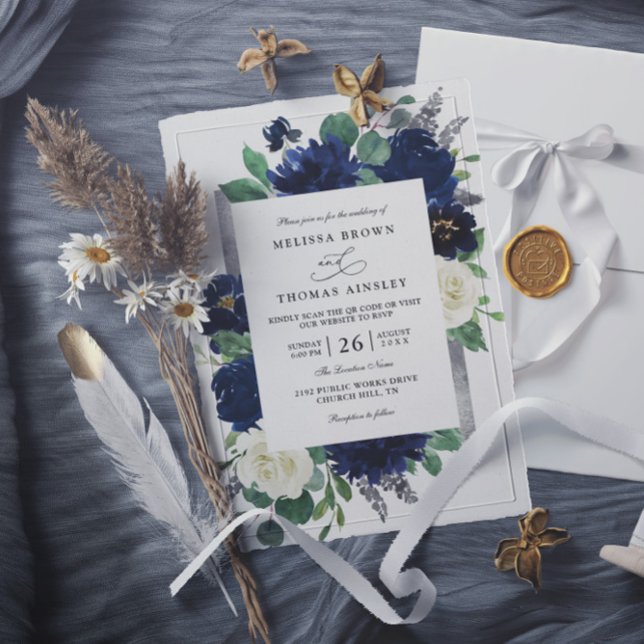 Navy Blau Silber Elegante Florale QR-Code-Hochzeit Einladung (Von Creator hochgeladen)