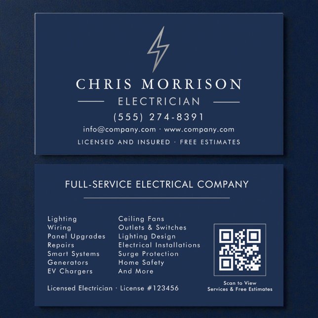 Navy Blau Silber Elektriker QR-Code  Visitenkarte (Von Creator hochgeladen)