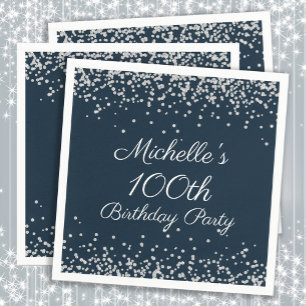 Navy Blau Silber Glitter 100. Geburtstagsfeier Serviette