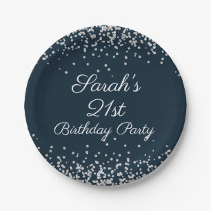 Navy Blau Silber Glitter 21. Geburtstagsfeier Pappteller