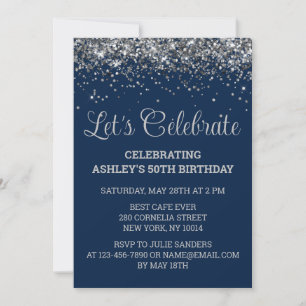 Navy Blau & Silber Glitter 50. Geburtstagsfeier Einladung
