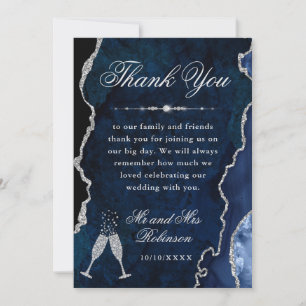 Navy Blau & Silber Glitter Achat & Marmor Hochzeit Dankeskarte