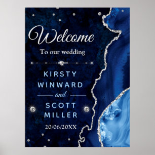 Navy Blau & Silber Glitter Achat & Marmor Hochzeit Poster