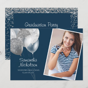 Navy Blau Silber Glitter Ballons Abschlussfeier Fo Einladung