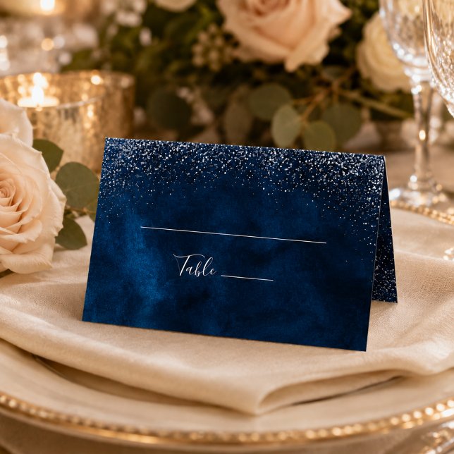 Navy Blau Silber Glitter Hochzeit Platzkarte (Von Creator hochgeladen)