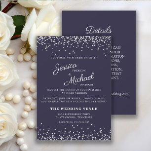 Navy Blau Silber Glitter Hochzeit und Details Einladung