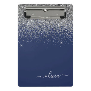 Navy Blau Silber Glitter Mädchen Monogramm Name Mini Klemmbrett