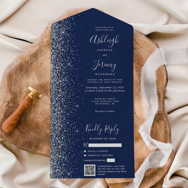 Navy Blau Silber Glitter QR Code Hochzeit All In One Einladung (Von Creator hochgeladen)