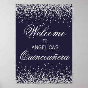 Navy Blau Silber Glitter Quinceañera Begrüßung Poster