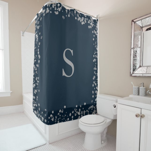 Navy Blau Silber Glitter Rahmen Monogramm Initial Duschvorhang (Beispiel)