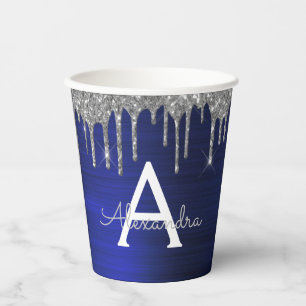 Navy Blau Silber Glitter und Glanz Monogramm Pappbecher