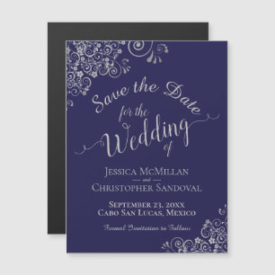 Navy Blau & Silber Hochzeit Termin Merk Magnet
