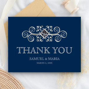 Navy Blau Silber Schwung Hochzeit Danke Postkarte
