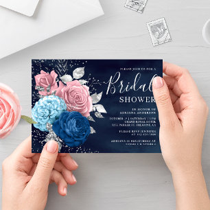 Navy Blau Silber Staubrosa Florales Brautbad Einladung