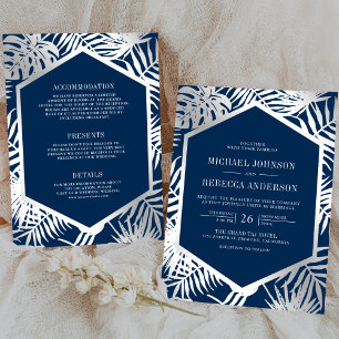 Navy Blau Silber Tropische Palme All-in-One-Hochze Einladung