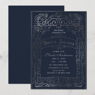 Navy Blau & Silber Vintage viktorianischer Brautdu Einladung