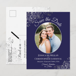 Navy Blau & Silberne Hochzeit Save-the-Date-Foto Ankündigungspostkarte