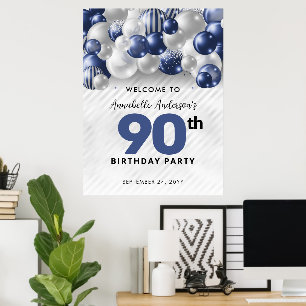 Navy Blau Silberner Ballon Willkommens 90. Geburts Poster