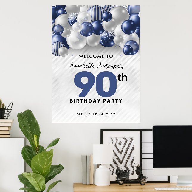 Navy Blau Silberner Ballon Willkommens 90. Geburts Poster (Heimbüro)
