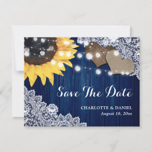 Navy Blau Sonnenblume Holz Florale Spitze Hochzeit Ankündigung