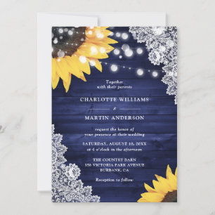 Navy Blau Sonnenblume Holz Florale Spitze Hochzeit Einladung