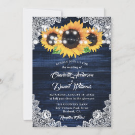 Navy Blau Sonnenblume Holz Florale Spitze Hochzeit Einladung