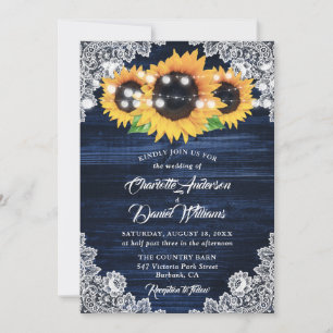 Navy Blau Sonnenblume Holz Florale Spitze Hochzeit Einladung