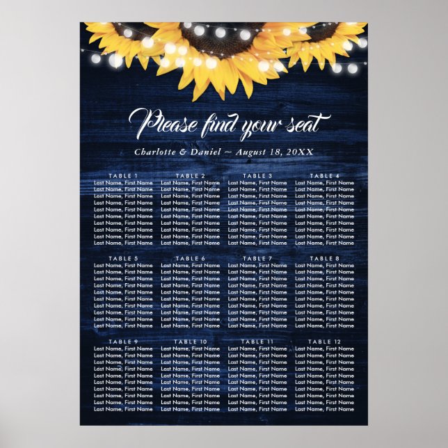 Navy Blau Sonnenblume Rustikale Holz Sitzordnung 1 Poster (Vorne)