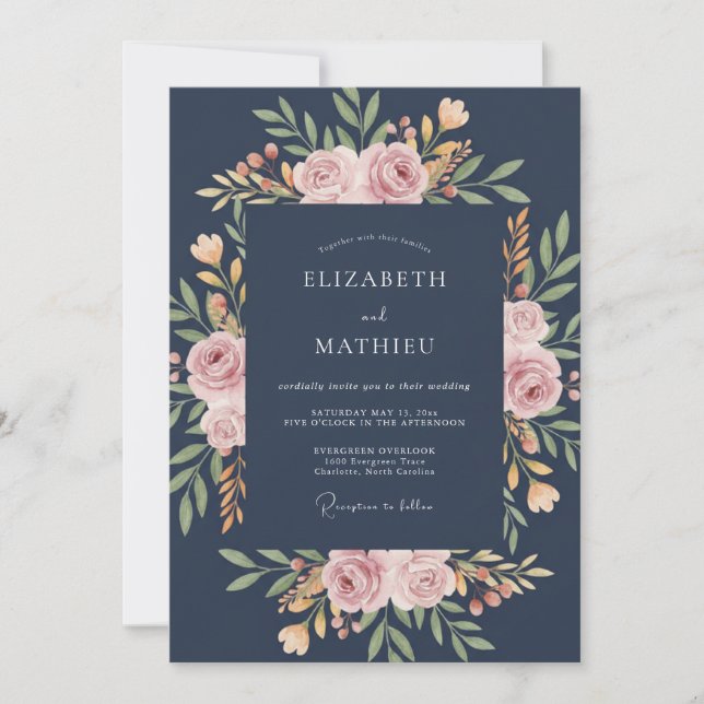Navy-Blau Stately Rose Hochzeit Einladung (Vorderseite)