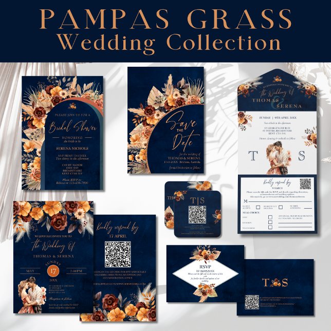 Navy Blau & Terrakotta QR-Code Save-the-Date Einladung (Von Creator hochgeladen)