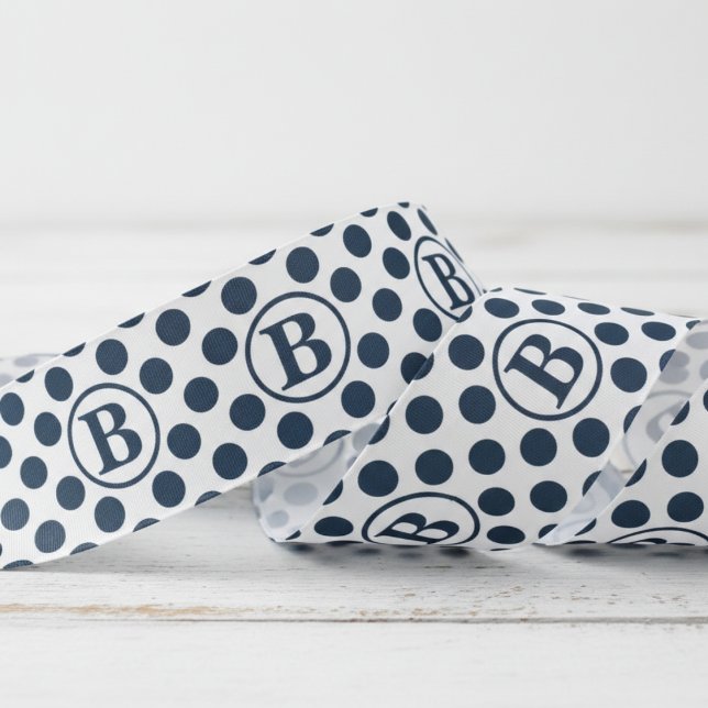 Navy Blau Tupfenmuster Monogramm Ripsband (Elegant Large Navy Blue Polka Dots Monogram Ribbon for Him. Classic Preppy Big Dots Pattern  for Dad)