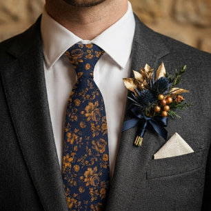 Navy Blau und Antik-Gold Blumenhochzeit Krawatte