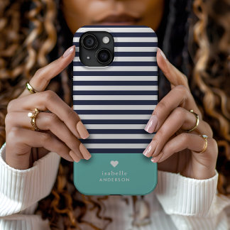 Navy Blau und Aqua Chic Streifen Herz Monogramm Case-Mate iPhone Hülle