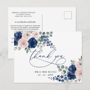 Navy Blau und Blush Floral Modern Danke Postkarte