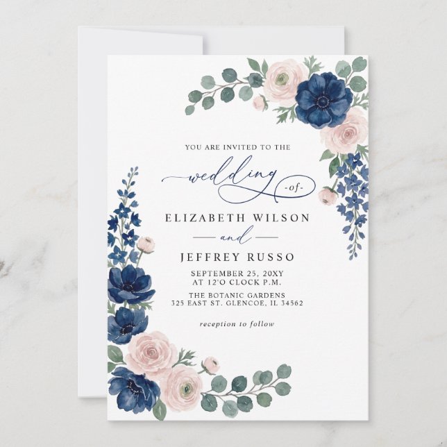 Navy Blau und Blush Floral QR Code Hochzeit Einladung (Vorderseite)