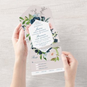 Navy Blau und Blush Florale Hochzeit All In One Einladung