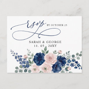 Navy Blau und Blush Florale Moderne Hochzeit RSVP Postkarte