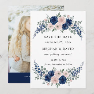 Navy Blau und Blush Florale Moderne Hochzeitsfotos Save The Date