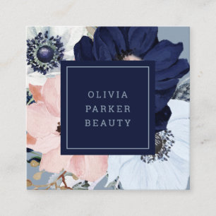 Navy Blau und Blush Pink Bloral Quadratische Visitenkarte