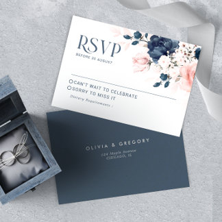 Navy Blau und Blush Pink Blumenstrauß Hochzeit RS RSVP Karte