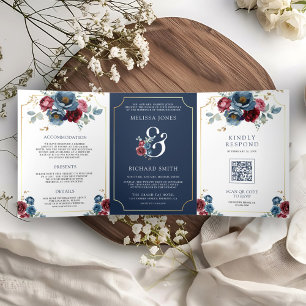 Navy Blau und Burgunderrot Florales Et-Zeichen Hoc Dreifach Gefaltete Einladung