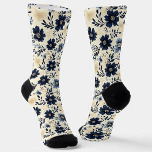 Navy Blau und Creme Folk Art Floral Garten Socken