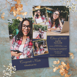 Navy Blau Und Gold 5 Foto-Abschlussfeier Einladung