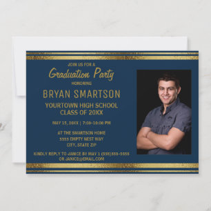 Navy Blau und Gold Absolventenparty Foto-Einladung Einladung